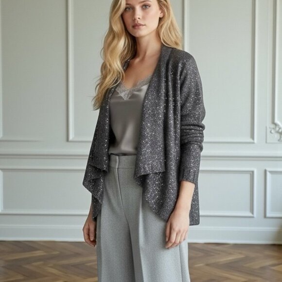 NWT Sisters Sequin Open Front Mohair Cardigan Sz L Gray Evening Sweater Holiday - Picture 1 of 13